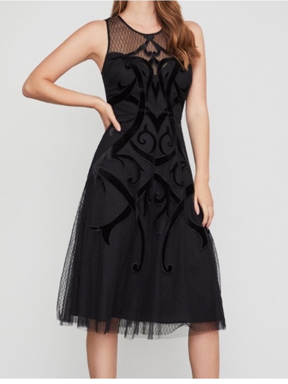 BCBGMaxAzria Black Flocked Mesh Midi Dress